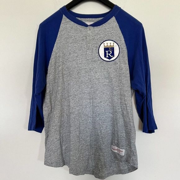 Kansas City Royals Baseball MLB Mitchell & Ness Mens M Henley Shirt Gray‎ Blue - Picture 1 of 8